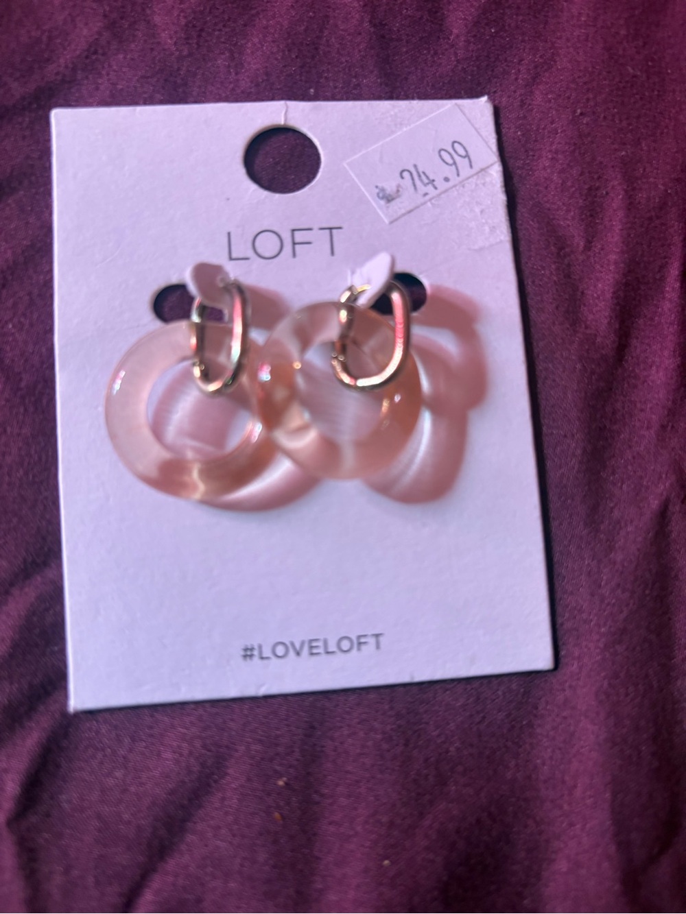 LOFT Blush Pink Resin Hoop Drop Earrings with Gold Accents